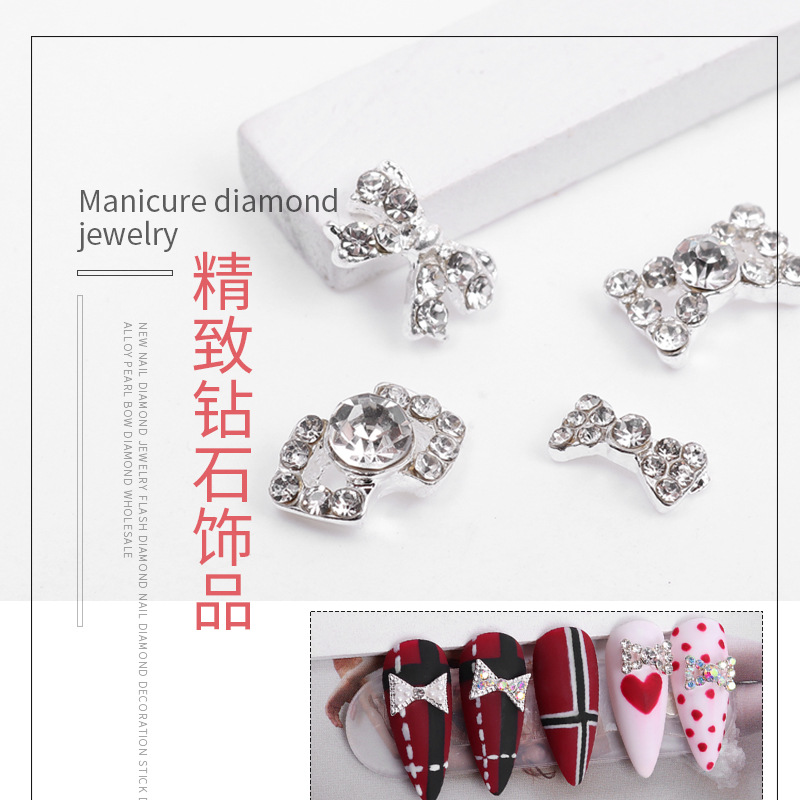 Nail Ornament Wholesale Bow Nail Beauty Alloy Ornaments Pearl Diamond Bow Nail Manicure Jewelry HD-049