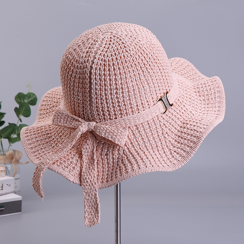 New Spring and Summer Knitted Wave Big Brim Beach Hat Women's Sun-Proof Bow Ribbon Sun Hat Wholesale