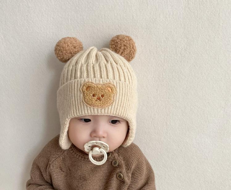 宝宝毛线帽子可爱小熊护耳帽儿童冬季加厚保暖针织帽韩版婴幼儿帽