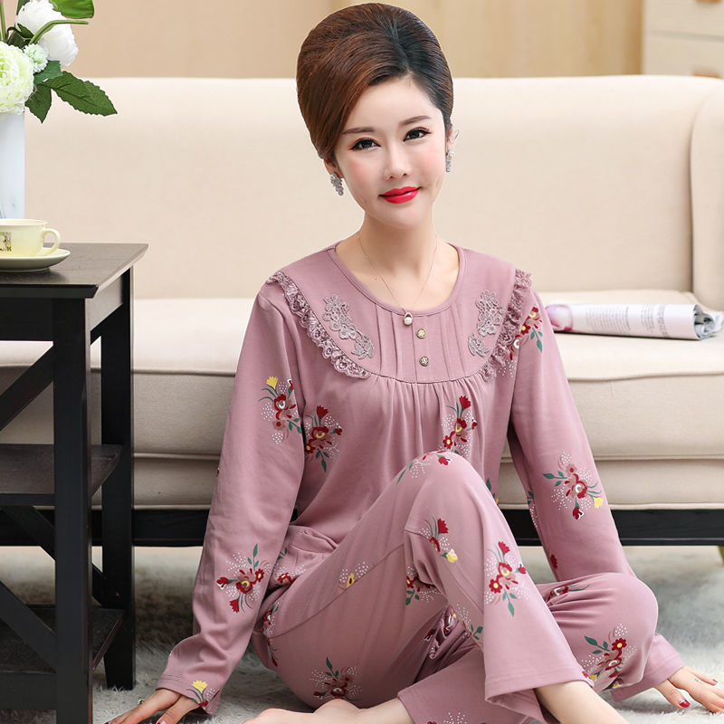 棉质睡衣女春秋季长袖薄款妈妈套头大码套装中年中老年人家居服夏