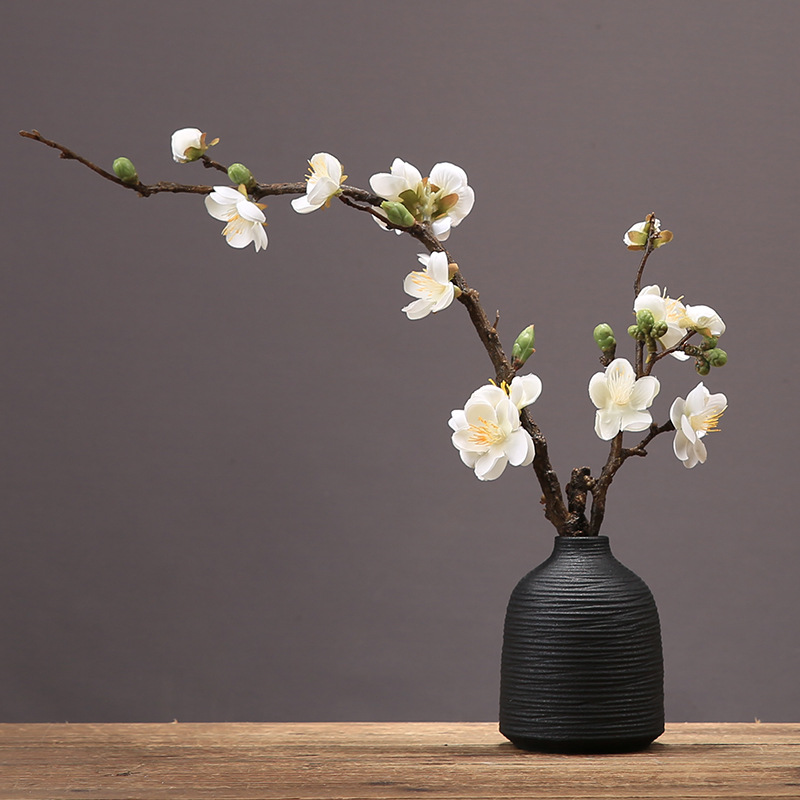 新中式创意素烧陶瓷花瓶摆件仿真腊梅花套装客厅插花软装日式花器