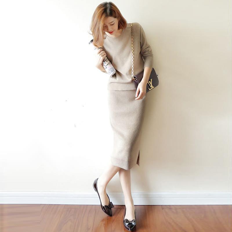 韩版秋冬毛衣包臀连衣裙女欧美针织长裙套装chic半身裙上衣两件套