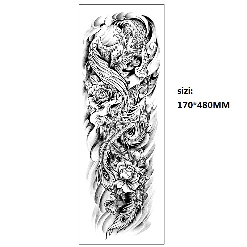 新品仙鹤凤凰鲤鱼黑色花臂全臂大图案水转印跨境临时仿真纹身贴纸