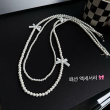 韩国甜美双层长款玻璃珍珠项链饰品女百搭小众高级感蝴蝶结毛衣链