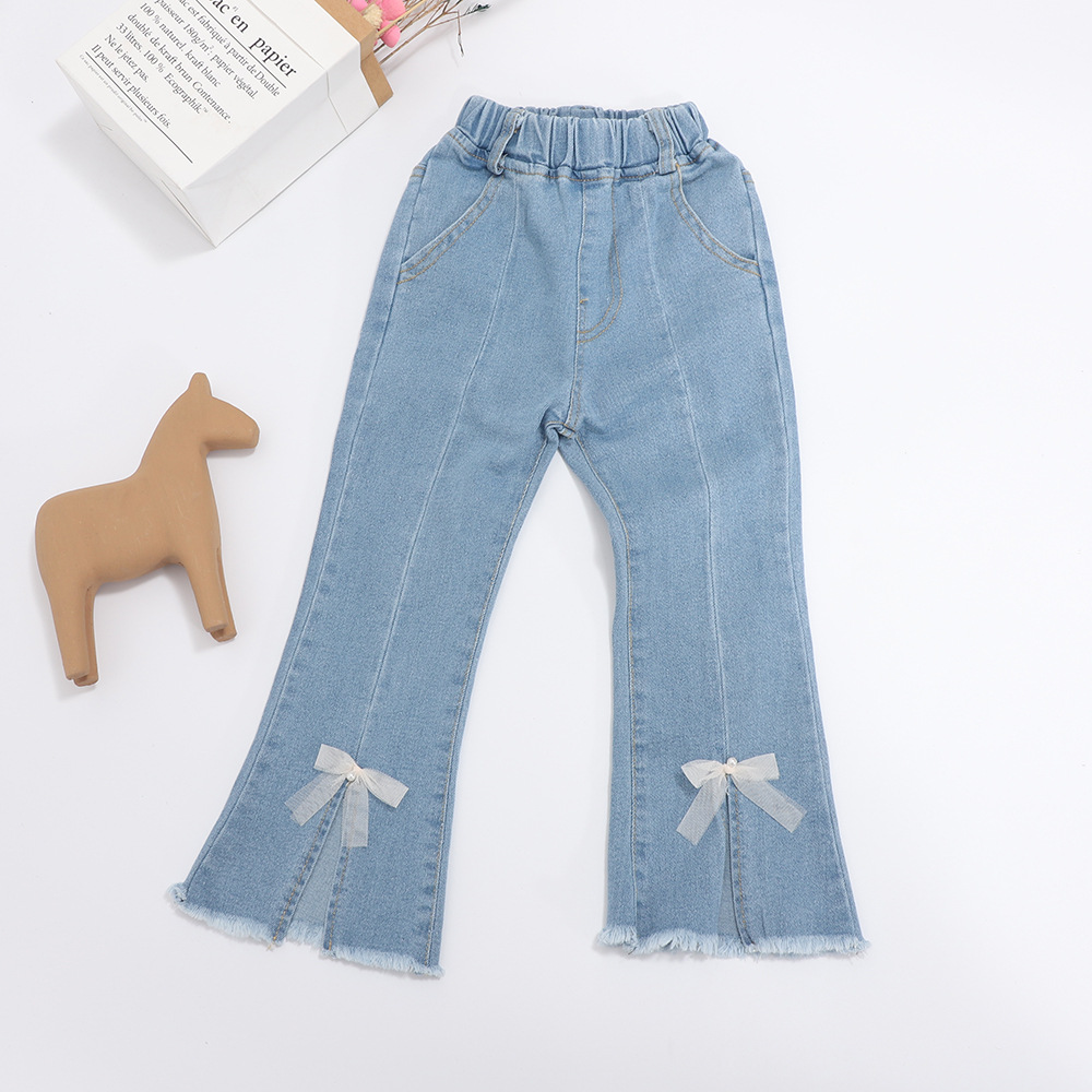 女童牛仔裤2022春秋新款童装女宝宝弹力长裤儿童裤子蝴蝶结喇叭裤