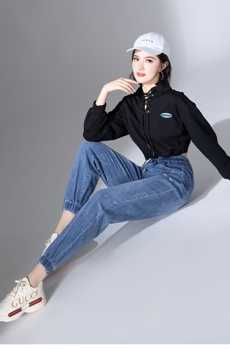 潮流老爹裤女士春季新品哈伦裤刺绣女裤工厂现货束脚韩版牛仔裤女