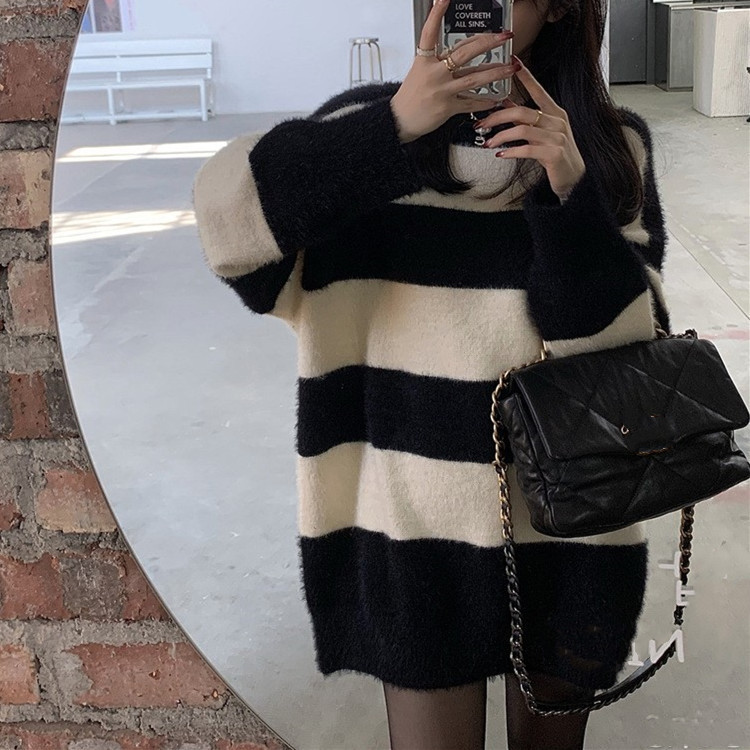 仿貂毛套头毛衣女秋冬新款宽松慵懒风中长款黑白条纹