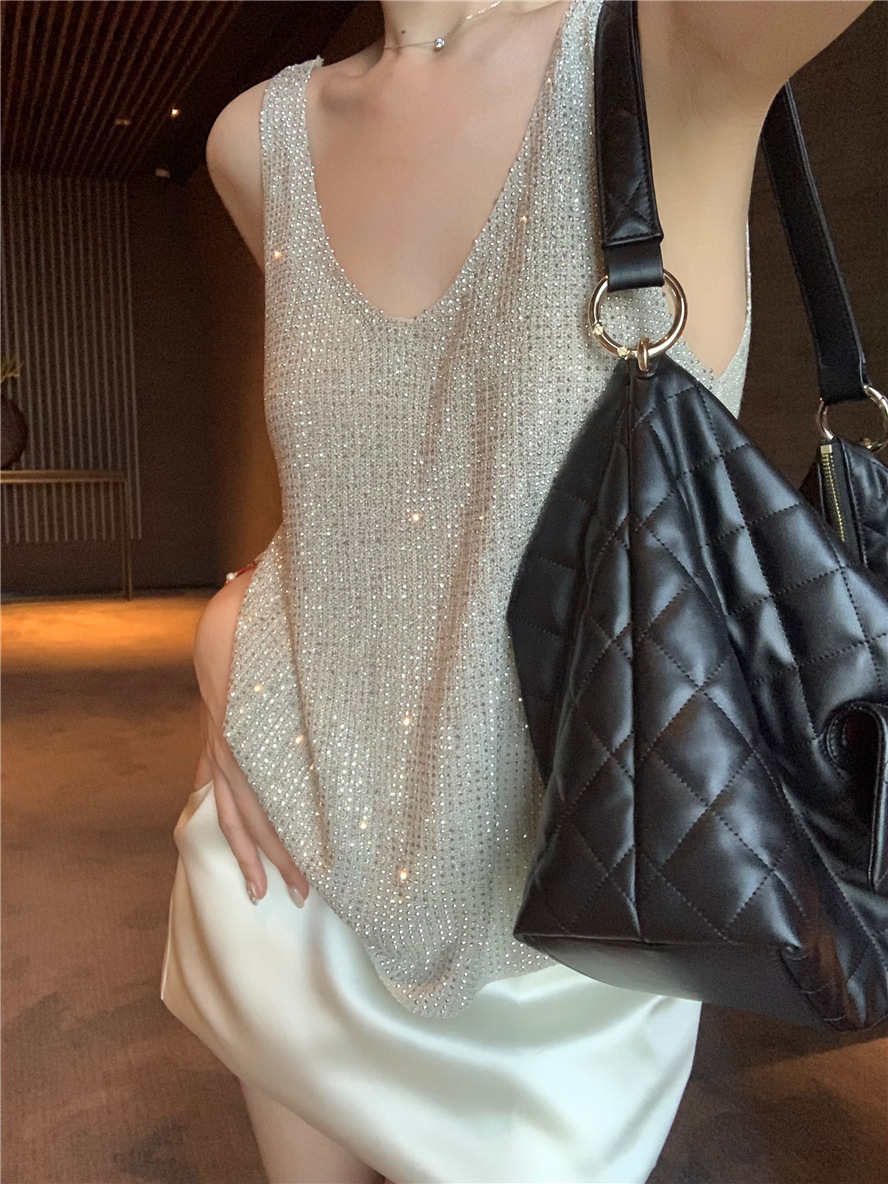 镶钻宽松针织小吊带女夏季复古灰色无袖背心辣妹短款上衣外穿p276