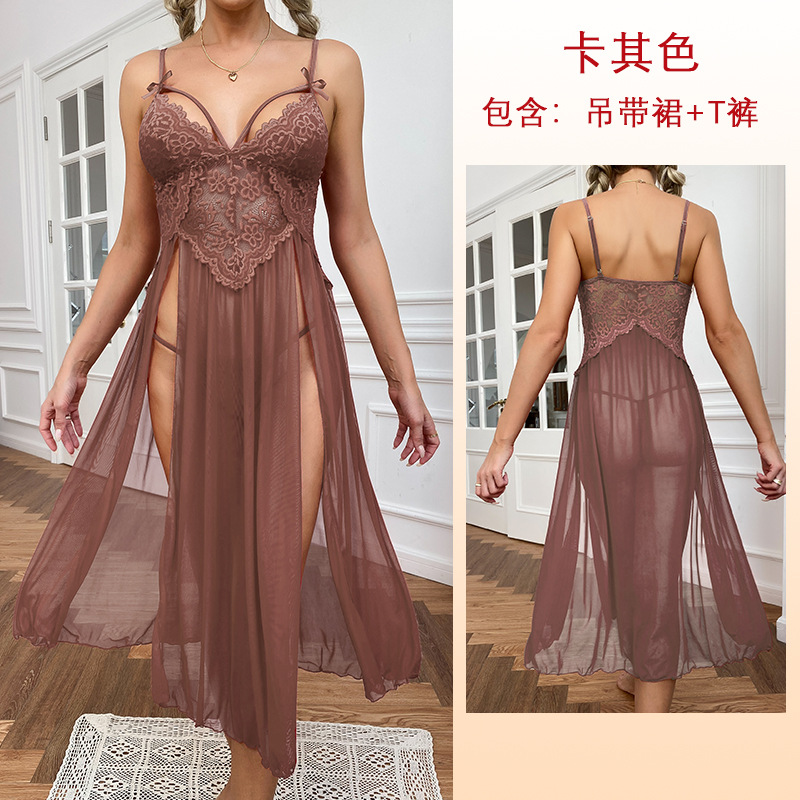 plus Size Sexy Mesh Deep V Lace Pajamas Side Slit Suspender Skirt Extended Home Wear Nightdress Women's Suit 413