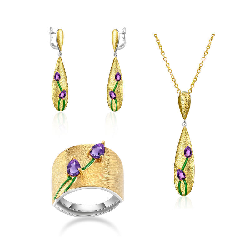 定制设计师款天然紫晶珠宝配饰三件套 925银镶嵌高档珠宝首饰套装