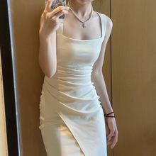 茶歇法式白色吊带连衣裙子女2024新款夏季小个子香风绝美包臀长裙