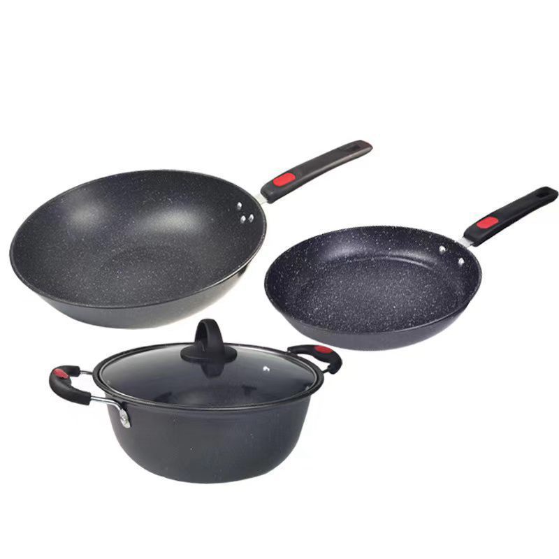 New Medical Stone Three-Piece Non-Stick Pan Colored Box Suite Wok Frying Pan Soup Pot Cross-Border Pot Set Gift