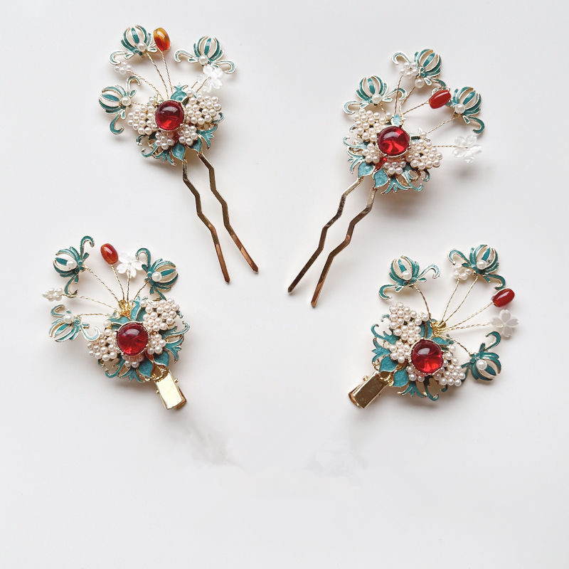 汉服头饰套装重工烧蓝珍珠发簪古典点翠簪子发饰明制古风发夹一套