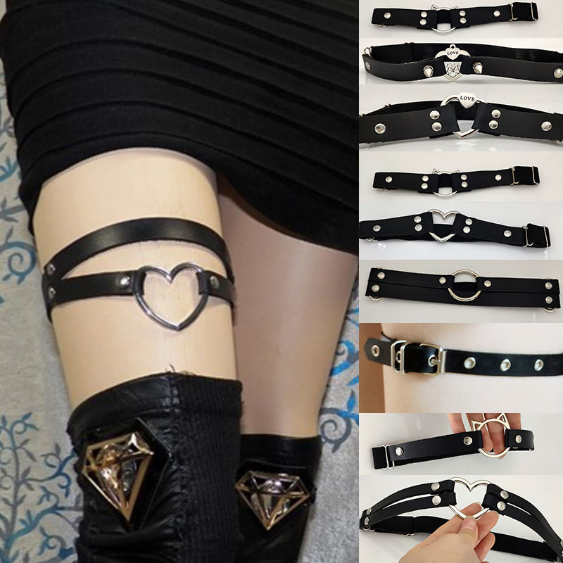 腿链大腿环女性感个性街拍圈酒吧吊袜带皮爱心黑色学生饰品
