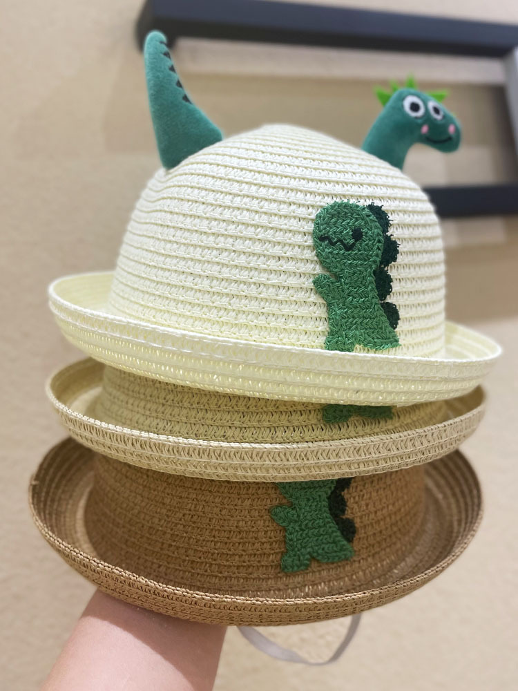 Cute Children's Straw Hat Children's Summer Korean Style Sun-Proof Baby Sun Hat Boy Dinosaur Cartoon Bucket Hat