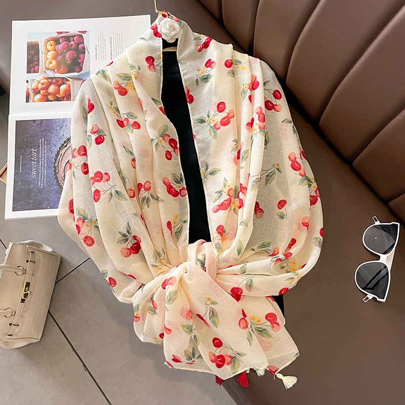 Summer Thin Cotton and Linen Hand-Feeling Cherry Long Scarf Women's Scarf Shawl Dual-Use Air-Conditioned Room Warm Scarf Sun Protection