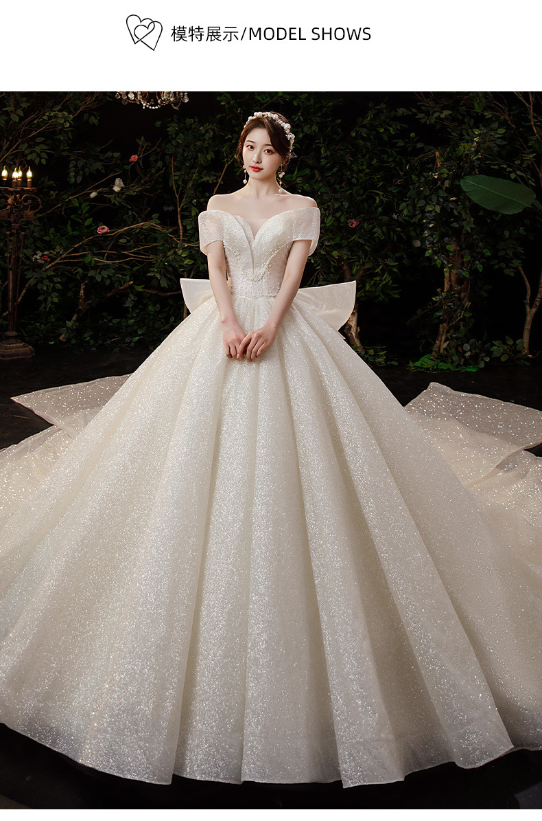 外贸婚纱礼服一字肩2021秋冬季新款新娘宫廷大码简约拖尾修身主纱