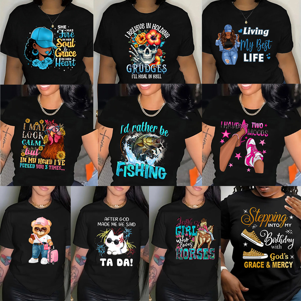 t20004外贸女装t恤 大码印花短袖上衣 可爱精美潮图案印花2024女