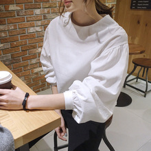 港味纯色长袖衬衫2023春装新款韩版法式宽松泡泡袖上衣网红T恤女