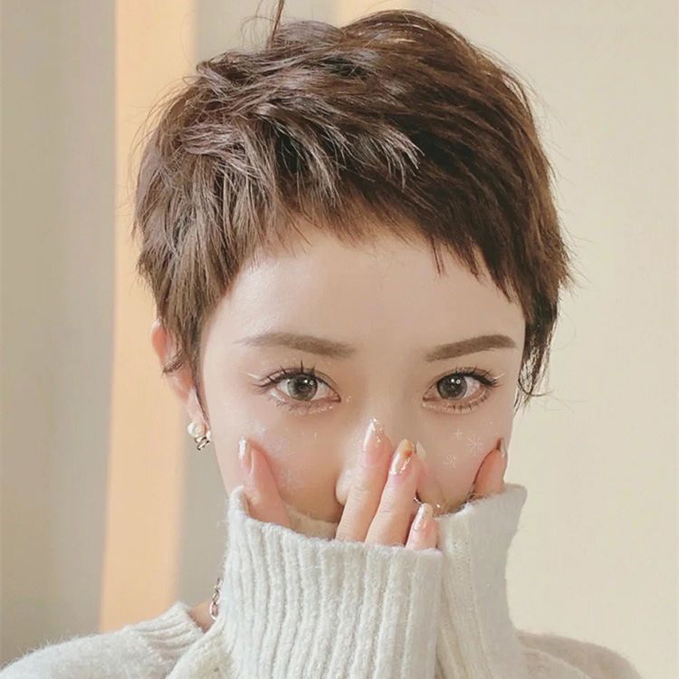 狗啃刘海假发女短发真发全真人发新款双递针整顶时尚自然全头套式