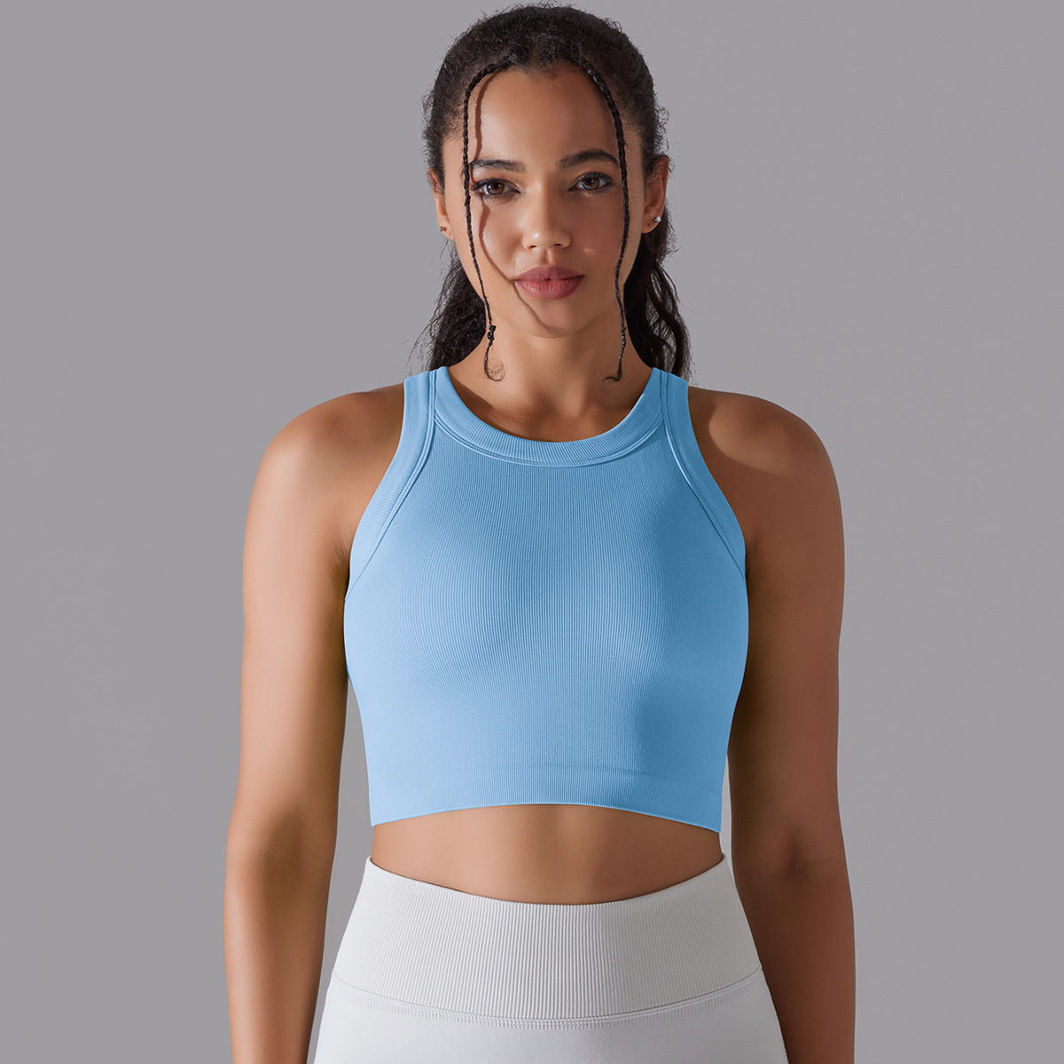 New Seamless Knitted Solid Color Rib Semi-Fixed Cup Yoga Clothes Exercise Sleeveless Vest Running Fitness Top Women