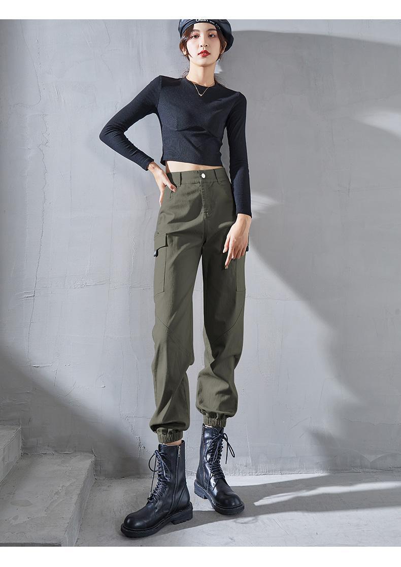 军绿色束脚工装裤女秋冬新款帅气九分休闲裤高腰宽松裤子显瘦百搭