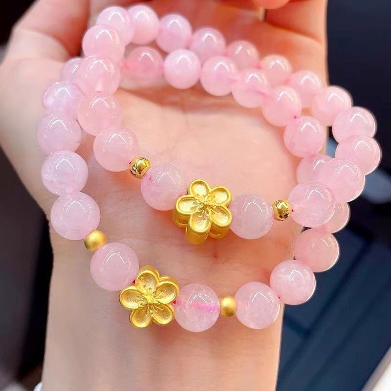 新款镀金小桃花手链手串仿白玛瑙粉晶金珠串珠转运珠闺蜜生日礼物