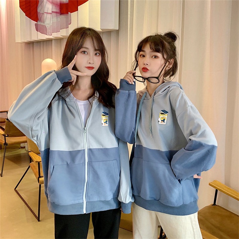 棉质2021新款秋初中生外套女韩版拼色闺蜜装印花宽松连帽卫衣拉链