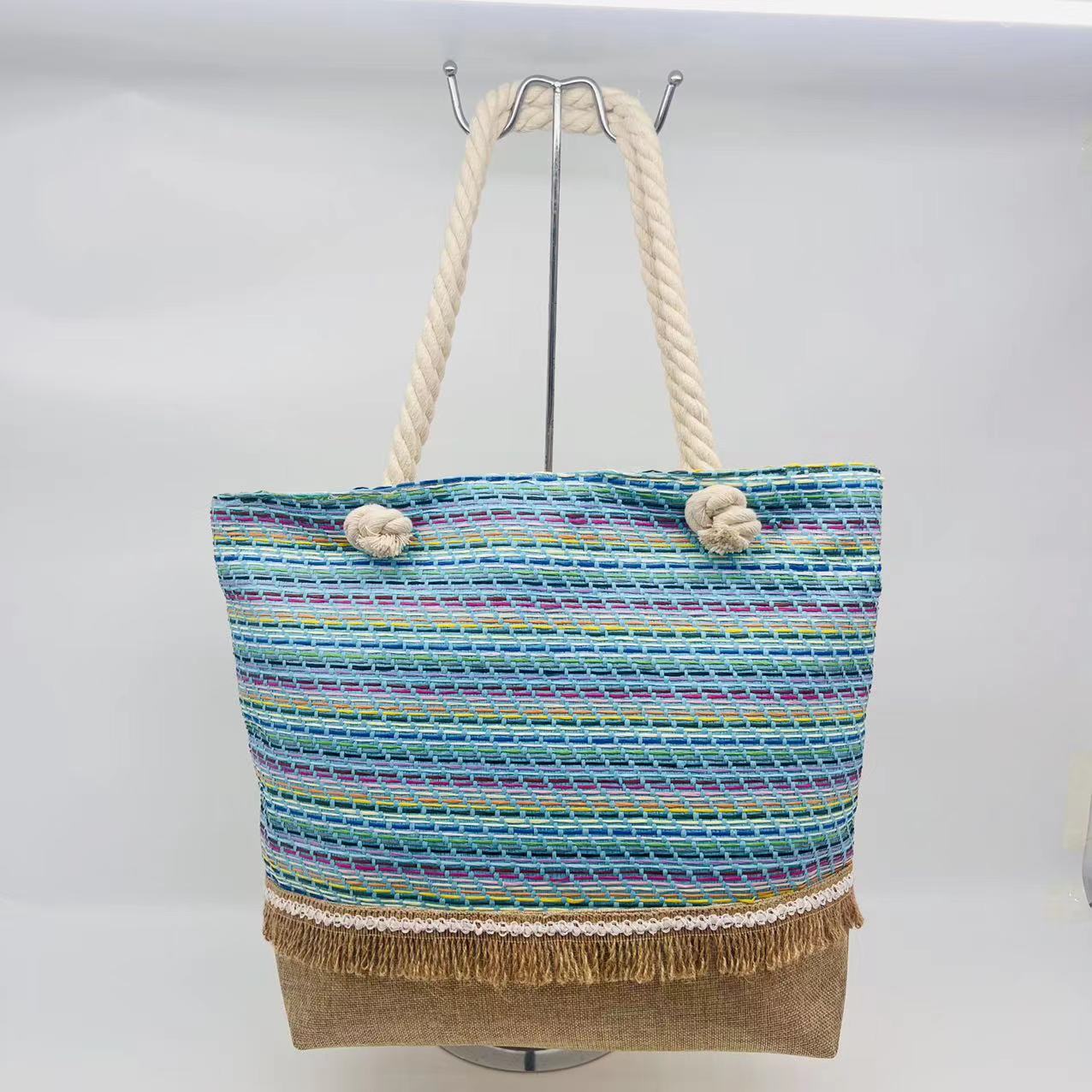 Summer New Cotton and Linen Woven Travel Fashion Striped Stitching Papyrus Raffia Paper Woven Female Large Capacity Shoulder Bag