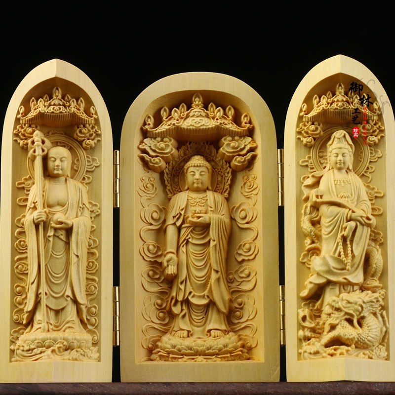 小叶黄杨木雕西方三圣佛像观音摆件实木随身佛三开盒工艺礼品