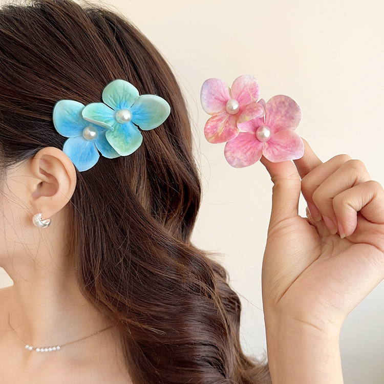 薄荷曼波蝴蝶兰珍珠花朵发夹海边拍照度假风侧边鸭嘴夹超仙发饰女