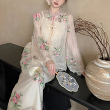 新中式南油高货女装大码花朵刺绣盘扣拼接蕾丝衬衫2024女国风衬衣