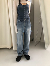 韩国东大门代购 Flash 设计感拼接直筒做旧磨白减龄女式牛仔裤