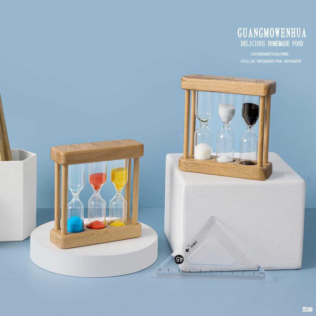 木制1/3/5分钟儿童刷牙沙漏创意时间计时三合一组合沙漏礼品摆件