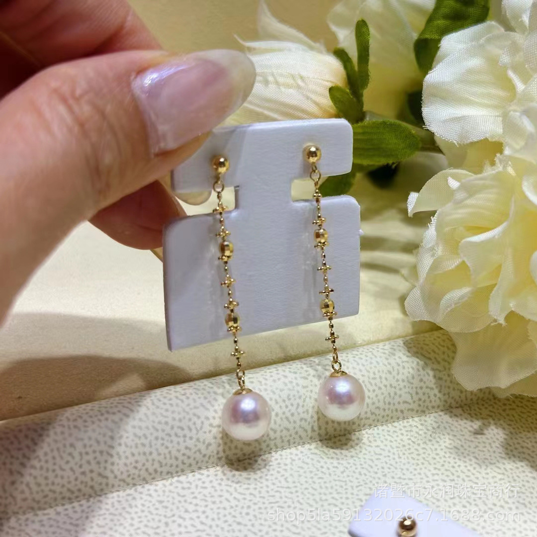 18k金仙女耳环海水akoya珍珠耳环7-8mm正圆强光耳线法式灵动简约