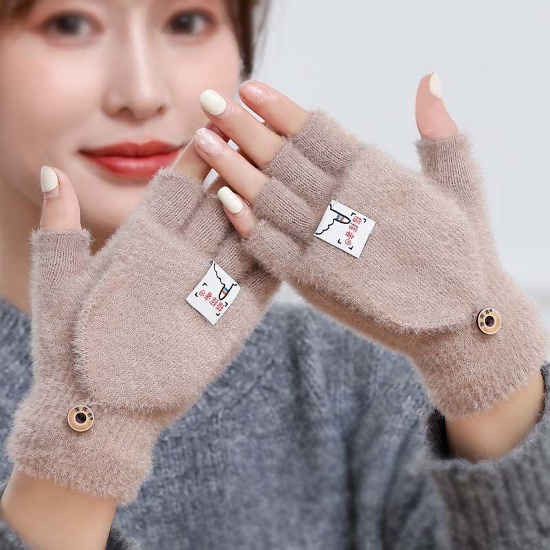 New Plush Winter Half Finger Flip Warm Thickened Factory Finger Leakage Imitation Mink Knitted Student Writing Gloves