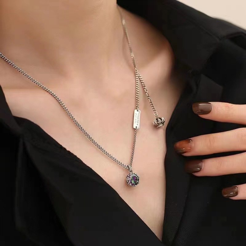 jewelry korean style 925 silver crown vintage necklace female niche design high-grade clavicle chain new year