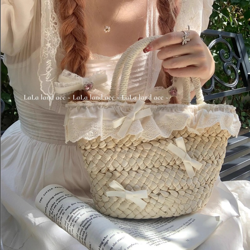 法式浪漫原创设计法式蕾丝花边编织手提草篮子旅度假行沙滩草编包