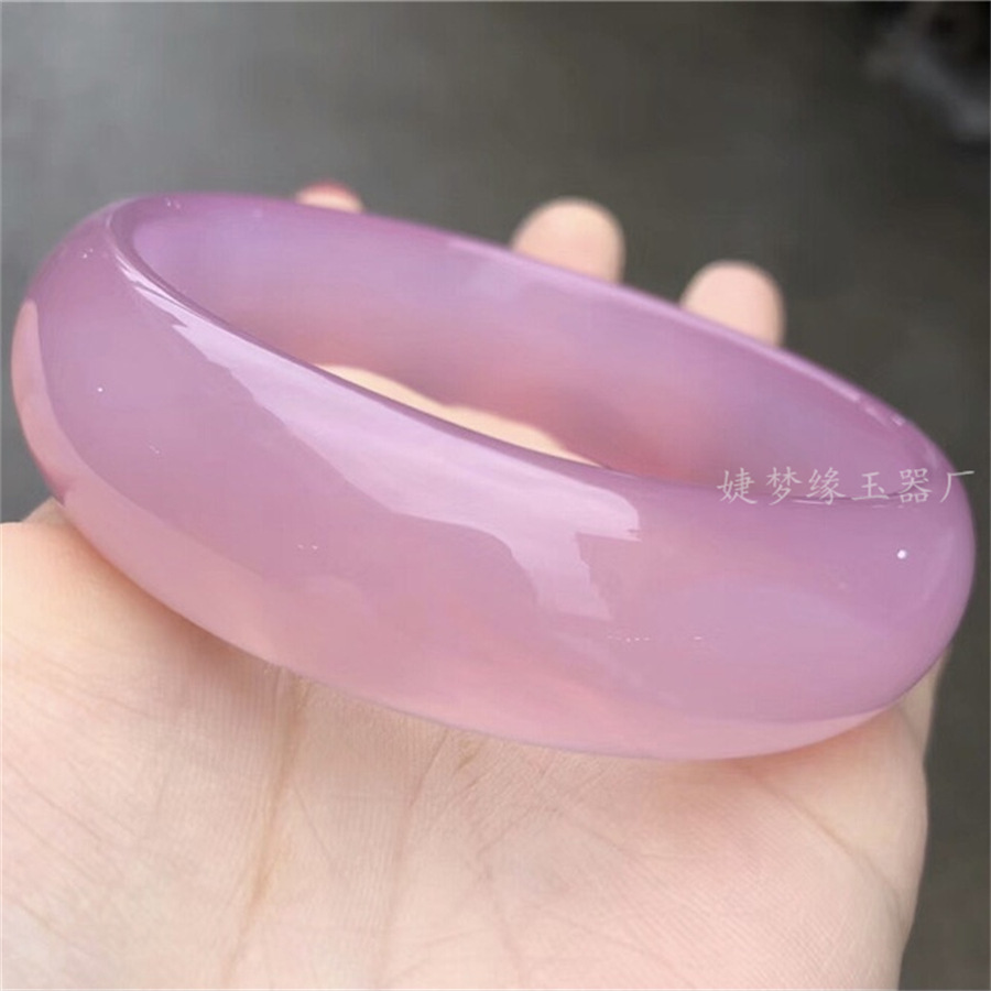 天然冰种加宽芙蓉粉玛瑙玉髓手镯粉玉髓美人镯 加宽轮胎版玉镯
