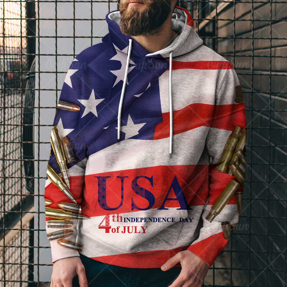 夏季时尚新款街头热门美国国旗鹰数码印花男装卫衣潮流套头连帽衫