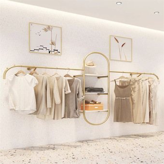 服装店展示潮流陈列货架置物架鞋包架架上墙金色挂衣服架子女装店