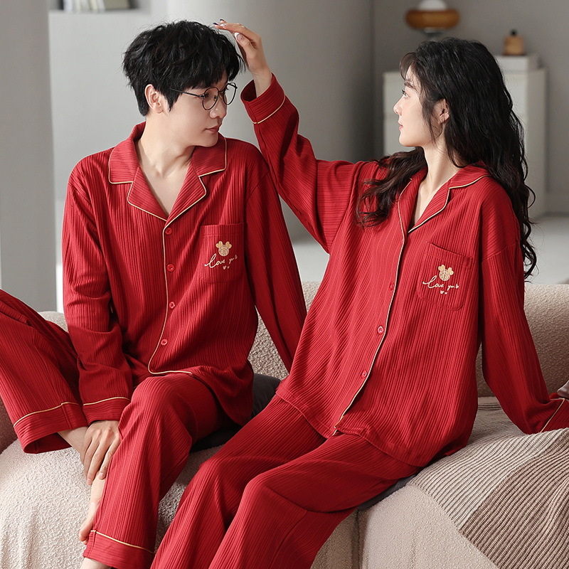 Spring and Autumn Sweet Cotton Couple Pajamas Cardigans for Men and Women Red Festive Wedding Clothes Suit for Men