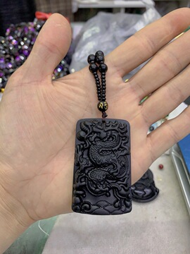 黑曜石方龙牌龙腾四海吊坠项链毛衣链高6厘米宽3.