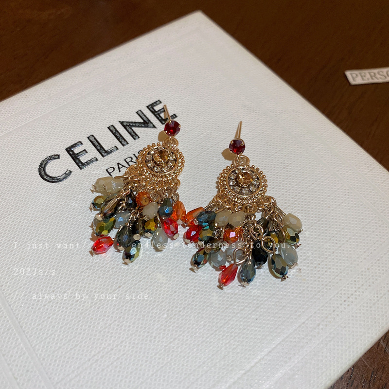 Silver Stud Rhinestone-Encrusted Flower Crystal Tassel Earrings Fashion Ear Studs Vintage Ethnic Style Light Luxury Earrings Wholesale for Women