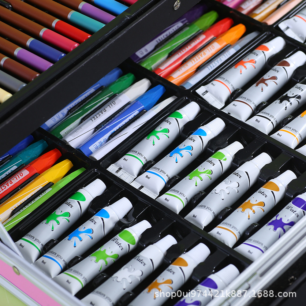Stock 145 Pieces Double Layer Aluminum Box Brush Painting Kit Student Watercolor Pen Children Graffiti Gift Box Factory Wholesale