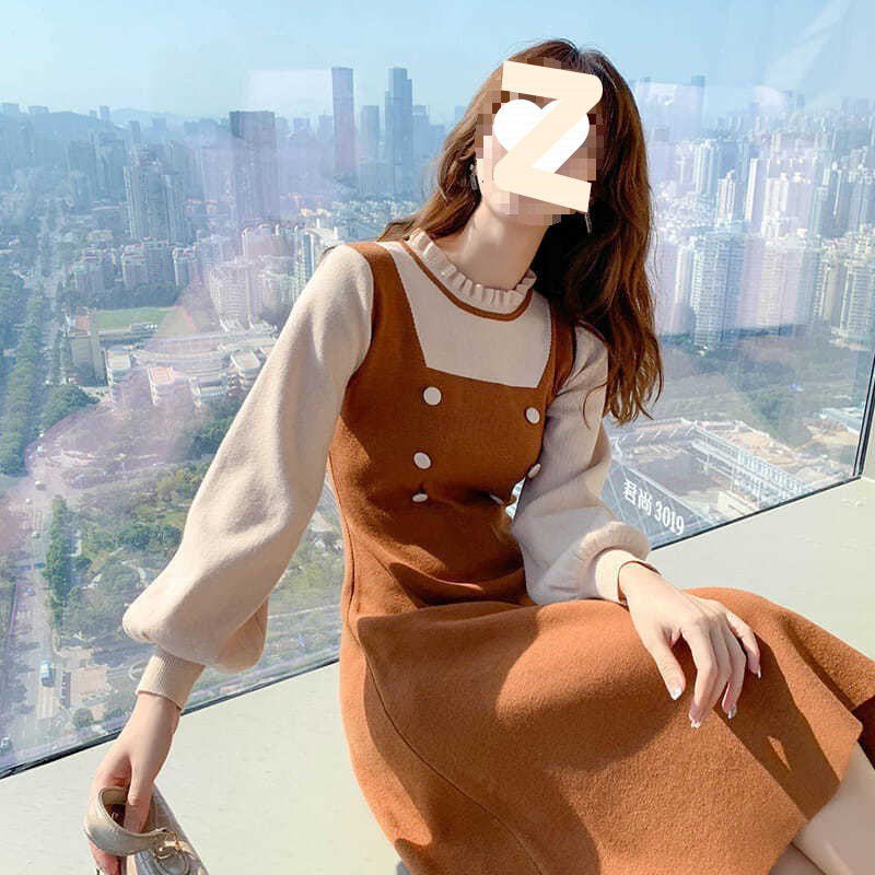 秋季法式针织连衣裙收腰中小个子新款女假两件长款毛衣裙显瘦适中