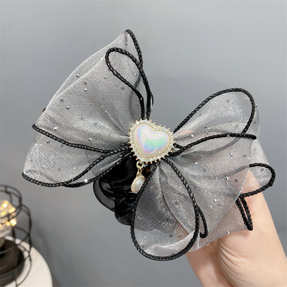 c097-1烫钻三层网纱蝴蝶结大肠发圈高亮珍珠爱心甜美发饰轻奢发绳