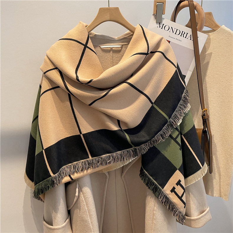 Cashmere Scarf Feel Plaid Tassel Shawl Couple Warm Artificial Cashmere Scarf All-Match Car Cold-Proof Small Blanket