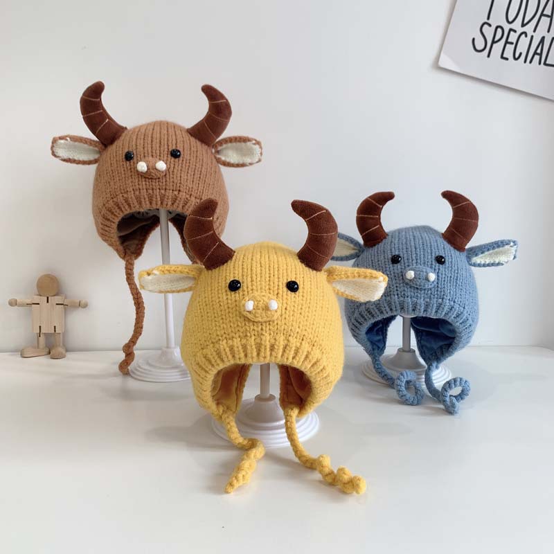 婴儿手工帽子秋冬款保暖可爱牛角宝宝毛线帽冬天韩版秋季女童潮