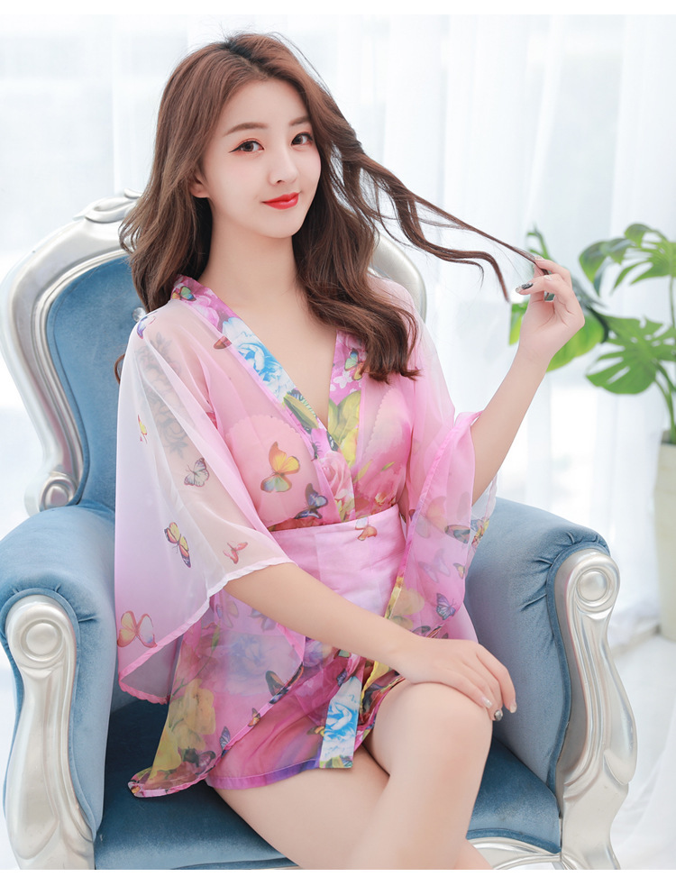 雨夜迷情 新款 日式性感和服深v露乳角色扮演印花浴袍套装